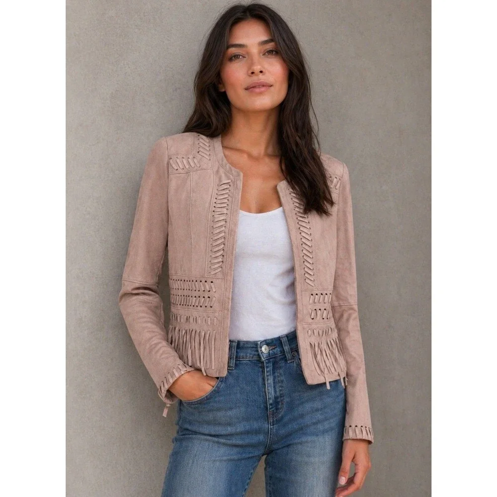 WHITE HOUSE BLACK MARKET Women Fringe Leather Suede Jacket Small Light Pink Boho - Picture 1 of 16